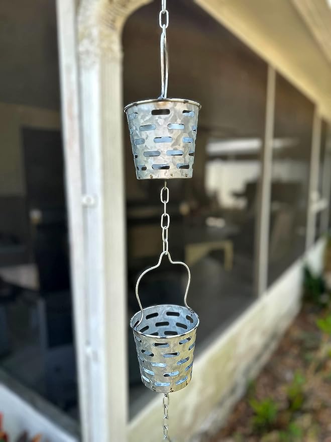 Zeckos Galvanized Grey Metal Olive Bucket Pail Style Rain Chain Gutter Downspout Accent, 74 Inches Long - Easy Install - Adding Rustic Charm to Your Outdoor Décor