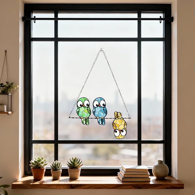 Stained Glass Window Hanging Multicolor Owls Ornaments - Handmade Stained Glass Suncatchers Hanging Outdoor Garden Decor - Decoration for Home Garden Christmas Party Wedding Housewarming Gifts