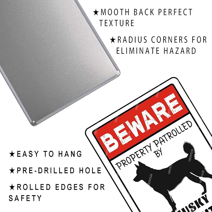 snowsun Vintage Metal Dog Signs Beware Property Patrolled By Husky Security Funny Tin Sign Wall Decor for Home Yard Garden Farm Street Outside 8×12 Inches