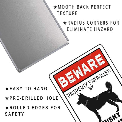 snowsun Vintage Metal Dog Signs Beware Property Patrolled By Husky Security Funny Tin Sign Wall Decor for Home Yard Garden Farm Street Outside 8×12 Inches