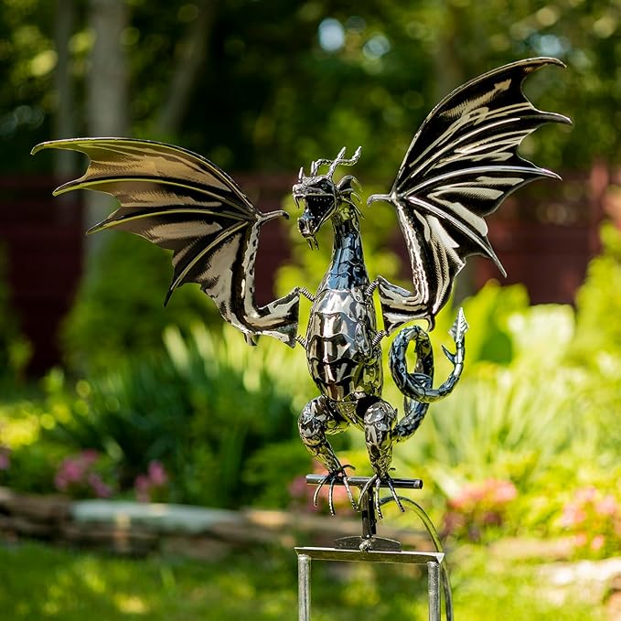 Zaer Ltd. Metal Dragon Rocking Garden Stake, Kinetic Wind Decor, Metallic Black Finish, Moving Wings (Tail Up Sunfyre)