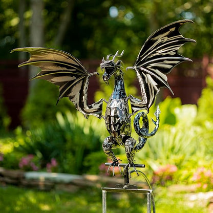 Zaer Ltd. Metal Dragon Rocking Garden Stake, Kinetic Wind Decor, Metallic Black Finish, Moving Wings (Tail Up Sunfyre)