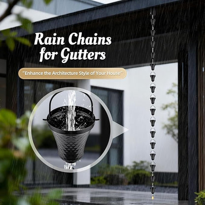 Tfro & Cile Rain Chain Black Gutter Downspout Catcher Outside Water Diverter Decorative Garden Rain Cups Chime Home Decor - 8 1/2 Feet Long