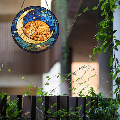 Cat Stained Glass Suncatcher, Sleeping Orange Cat on Yellow Moon with Stars Floral Round Window Hanging, Light Catcher Home Decor Gift for Cats Lovers Women Wife Mom Christmas Birthday 7.8 in