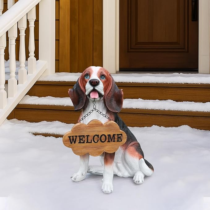 Beagle Dog Garden Statue with Solar Lantern, 16.9" Large Outdoor Animal Figurine with Double-Sided Welcome & On Patrol Sign, Yard Patio Porch Lawn Decor, Pet Lover Housewarming Gift