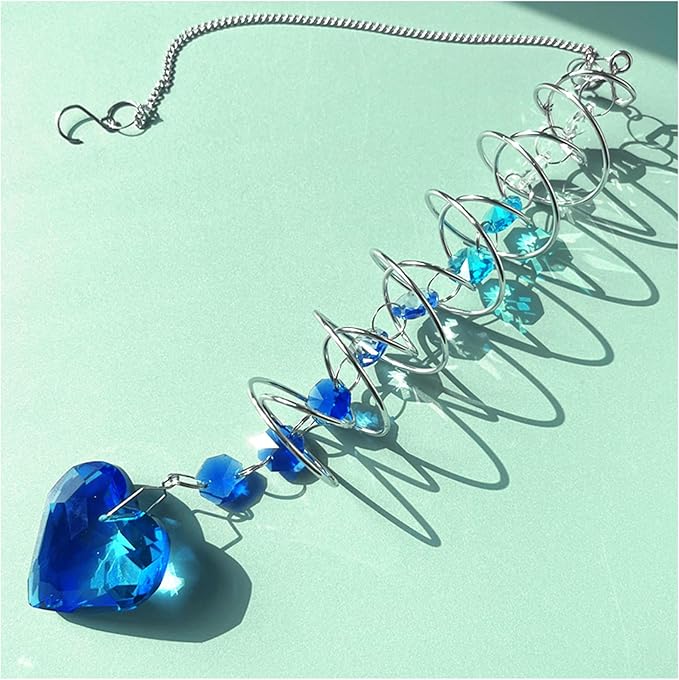 Big Heart Crystal Sun Catchers for Windows Hanging, Double-Spiral Design Gazing Ball Spiral Tail, Rainbow Maker Prism, Sun Catchers Indoor Window for Kitchen, Patio, Porch, Garden(Royal Blue)