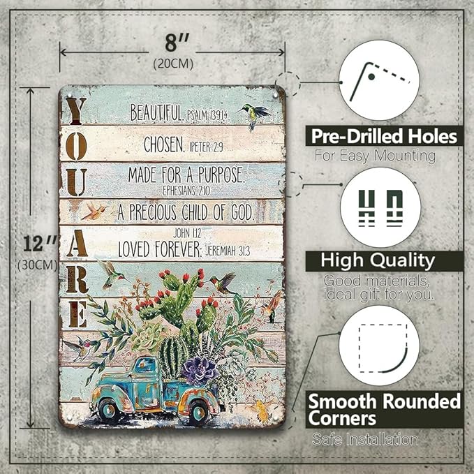 YOYI ART Bible Blessed Signs for Home Decor - Garden Patio Signs for Outside, Cactus Car Bird Vintage Metal Tin Signs for Backyard, Patio, Front Door, Porch, Farm House Wall Art Decor Art, 8 x 12 inch