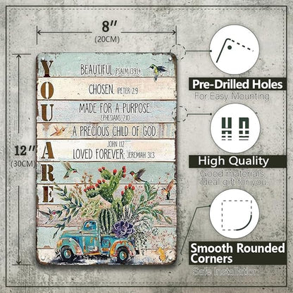 YOYI ART Bible Blessed Signs for Home Decor - Garden Patio Signs for Outside, Cactus Car Bird Vintage Metal Tin Signs for Backyard, Patio, Front Door, Porch, Farm House Wall Art Decor Art, 8 x 12 inch
