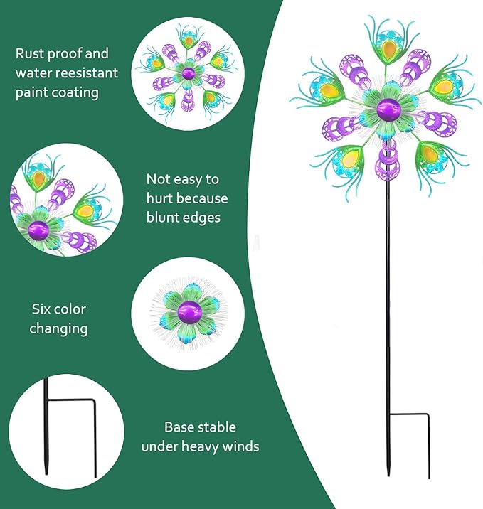 Solar Peacock Wind Spinners for Yard & Garden - 40 Inch Metal Wind Sculpture, Kinetic Windmill with Multi Color LED Lights, Lawn & Patio Art Decor