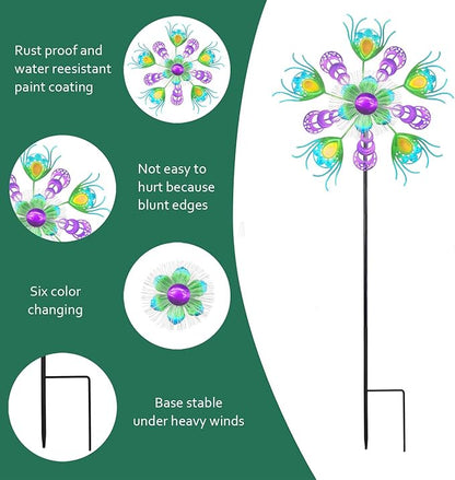 Solar Peacock Wind Spinners for Yard & Garden - 40 Inch Metal Wind Sculpture, Kinetic Windmill with Multi Color LED Lights, Lawn & Patio Art Decor