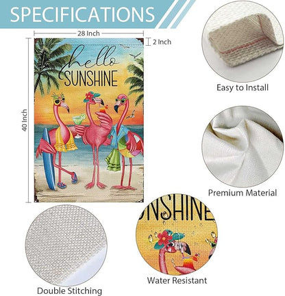 Heyfibro Flamingo Hello Sunshine Hawaii Tropical Beach Holiday Garden Flags 28x40 Double Sided Burlap Welcome Summer Tropical Ocean Sea Yard Flag for Seasonal Outdoor Party Decoration(ONLY FLAG)
