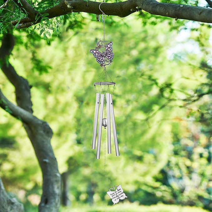 Outdoors Butterfly Wind Chimes Sympathy Memorial for Loss of Loved One - Soothing Melodic Tones Aluminum Chime Great as a Gift for Your Patio Porch Garden and Backyard (22.2" Silvery)