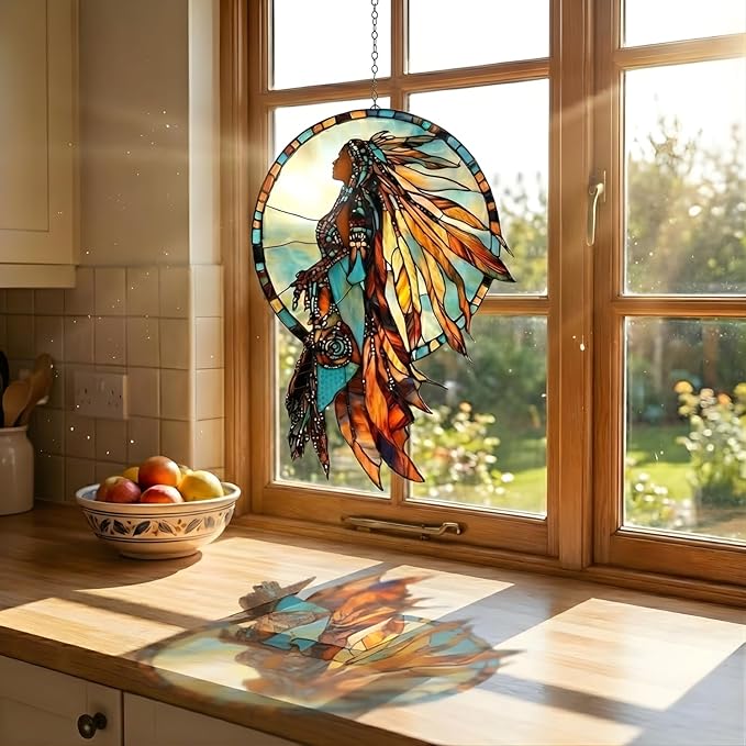 Native American Acrylic Suncatcher Colorful Window Hanging Ornament Sun Catcher Panel for Home Decor Car Garden Gift Tribal Spirit Woman Faux Stained Glass Suncatcher