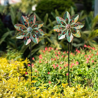 VEWOGARDEN 2 Pack Wind Spinners Outdoor, Metal Wind Spinner with Flower Design for Yard Garden Lawn Decorations, Copper Green