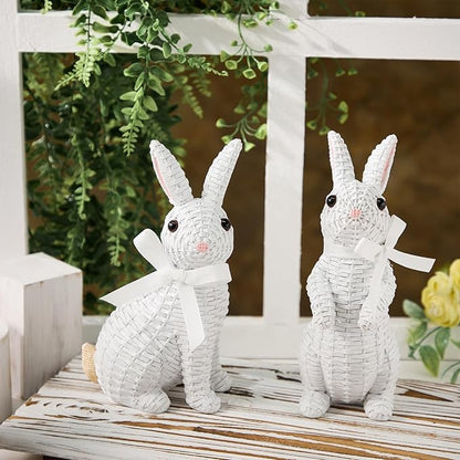 Rattan Rabbit Bow Resin Ornament (8.1in White Seat, Multi Color) for Home Decoration and Easter Gift