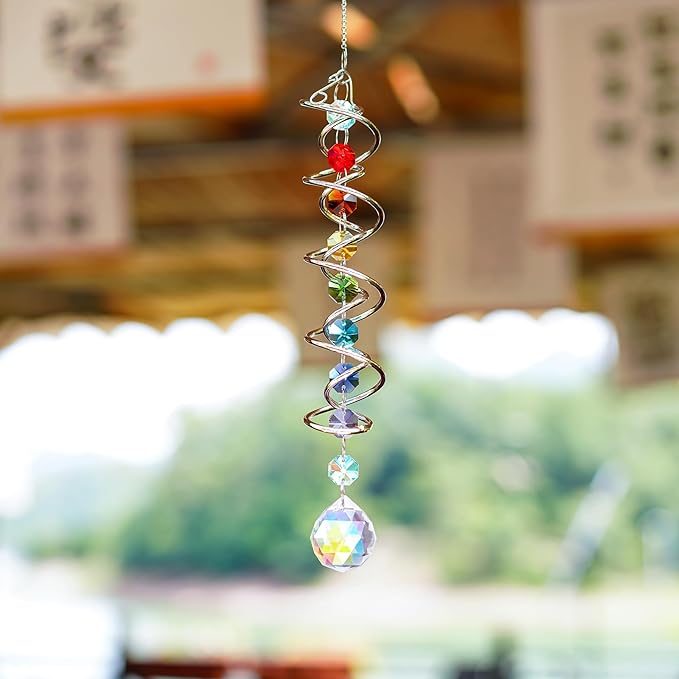 H&D HYALINE & DORA 20.5" Gazing Ball Spiral Tail Decorative Wind Spinners 1.18" Crystal Glass Ball Unique Gift Hanging Decor for Indoor Outdoor Garden Decoration (AB)