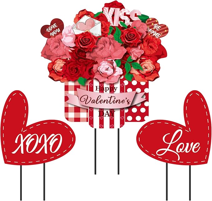3 Pcs Valentines Metal Yard Signs and Hanging Wall Sign, Outdoor Valentines Metal Yard Stakes Heart Welcome Sign for Indoor Front Door Lawn Walkway Anniversary Wedding Party