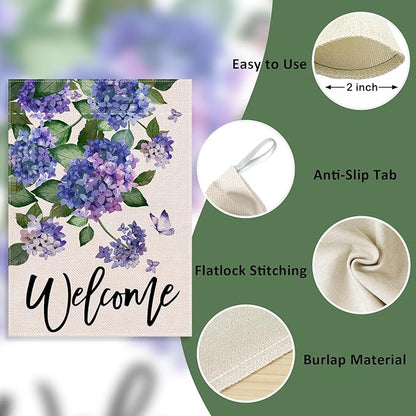 Welcome Spring Hydrangea Decorative House Flag, Purple Floral Flowers Butterfly Garden Yard Outside Decorations, Summer Farmhouse Outdoor Large Home Decor Double Sided 28 x 40