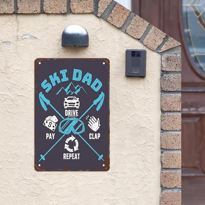 patio wall decor Skiing Dad Drive Pay Clap Repeat metal signs vintage Man Cave Vintage Retro Tin Sign: Decorative Wall Art for Bathroom,Yard,Wedding,Street,Garage,and More 8X12inch