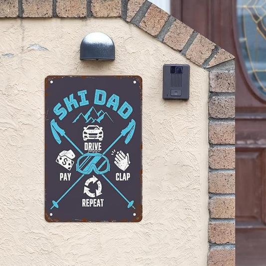 patio wall decor Skiing Dad Drive Pay Clap Repeat metal signs vintage Man Cave Vintage Retro Tin Sign: Decorative Wall Art for Bathroom,Yard,Wedding,Street,Garage,and More 8X12inch