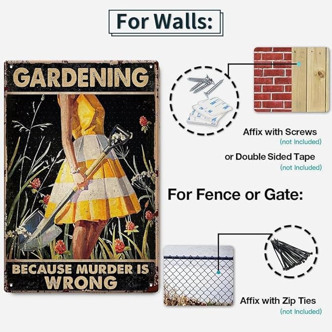 YOYI ART Funny Garden Decor for Outside Metal Sign - Gardening Because Murder is Wrong, Vintage Tin Signs for Home Yard, backyard, Outdoor, Patio Wall Decor Art, Gardening Gifts for Women, 8 x 12 inch