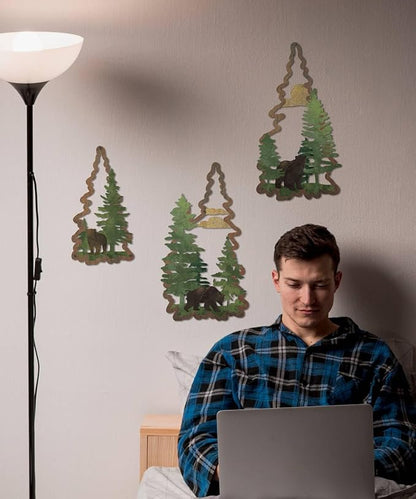 Putuo Decor 3PCS Bear Pine Tree Wall Decor, Woodland Wildlife Wall Art Forest Poster Tree Wall Decoration Artwork for Living Room Bedroom Bathroom Cabin Home Decorations
