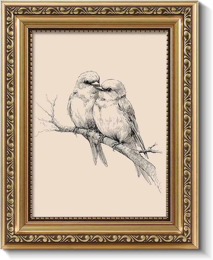 ARPEOTCY Vintage Gold Framed Wall Art, Sketch Birds in Love on a Branch Paintings, Small Canvas Prints Artwork with Frame, Victorian Wall Decor for Living Room Bathroom Bedroom Shelf, 8x10 inch