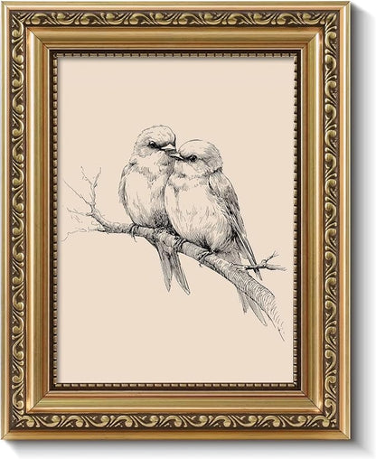ARPEOTCY Vintage Gold Framed Wall Art, Sketch Birds in Love on a Branch Paintings, Small Canvas Prints Artwork with Frame, Victorian Wall Decor for Living Room Bathroom Bedroom Shelf, 8x10 inch