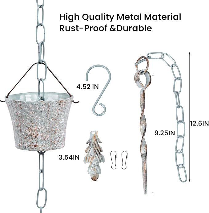Rain Chain for Gutters with Adapter,Wrought Iron Rain Chains Set 8.5 Ft,Not Rust, Gotta Drain with Metals Anchoring Stake, 14 Cups, 1 Hook, Adjustable Gutter Downspout for Outdoor(Cyan)