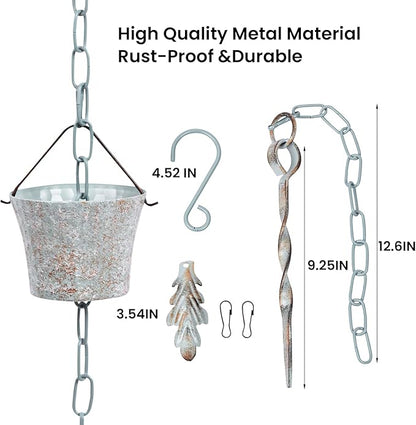 Rain Chain for Gutters with Adapter,Wrought Iron Rain Chains Set 8.5 Ft,Not Rust, Gotta Drain with Metals Anchoring Stake, 14 Cups, 1 Hook, Adjustable Gutter Downspout for Outdoor(Cyan)