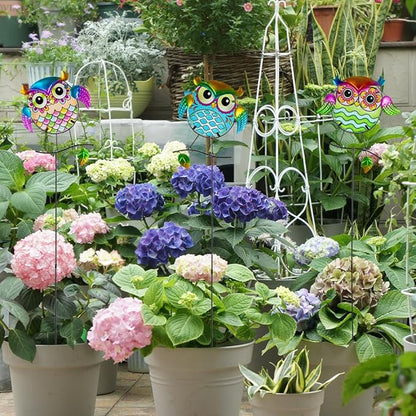 Decorative Garden Stakes,Set of 3 Owl Stained Glass Metal Yard Art Outdoor,Waterproof Spring Garden Stakes Decorative for Lawn Patio Pathway
