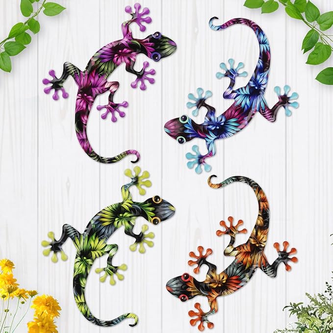 4 Pcs Metal Gecko Wall Art Outdoor Decor Metal Lizards Wall Decor Lizard 8.7 * 11.8 Inch Suitable for Hanging in Yard Garden Patio Fence Home, Idea Gifts for Mom Father Friends