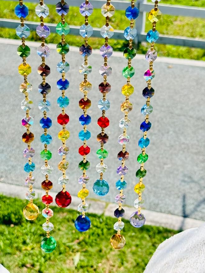 Crystal Suncatchers Window Crystals Hanging Suncatcher Colorful Glass Beads Chain Wind Chimes for Garden Outdoor Pendant Home Decor Gifts (Colorful Glass)