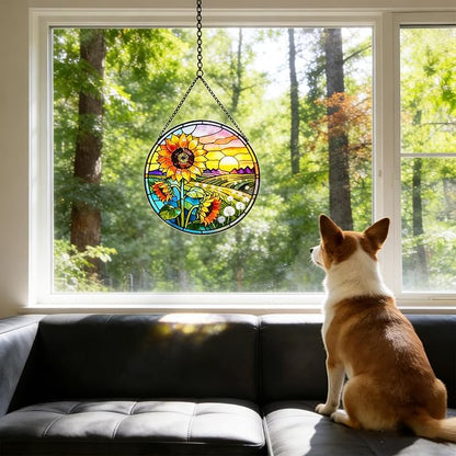 Sunflower Hanging Stained Glass for Windows, Sunflower Sun Catchers Indoor Window Glass Summer Floral Wall Art Hanging Decorations Mother's Day, Valentine's Day Ornaments Festival Gift 7.87"