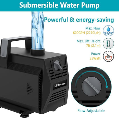 All-in-1 Pond Waterfall Kit with LED Lights, 8 inch Stainless Steel Spillway with 600GPH Water Pump, Outdoor Waterfall Fountain for Water Feature, Garden, Backyard, Pool