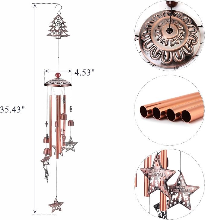 Yoption Christmas Wind Chime for Outside with Christmas Tree and Star, Handmade Metal Memorial Windchimes with S Hook for Garden Decor