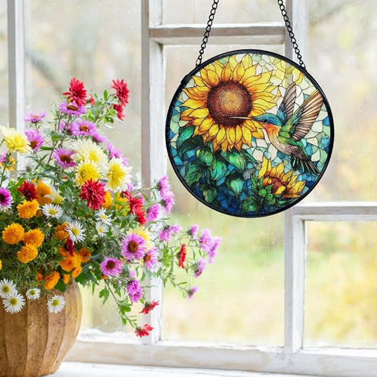 Hummingbird Sunflower Suncatchers Stained Glass Window Hanging, Hummingbird Flower Sun Catchers Indoor Window Glass Round Wall Decor, Bird Sunflower Wall Hanging Decorations, 7.9x7.9in