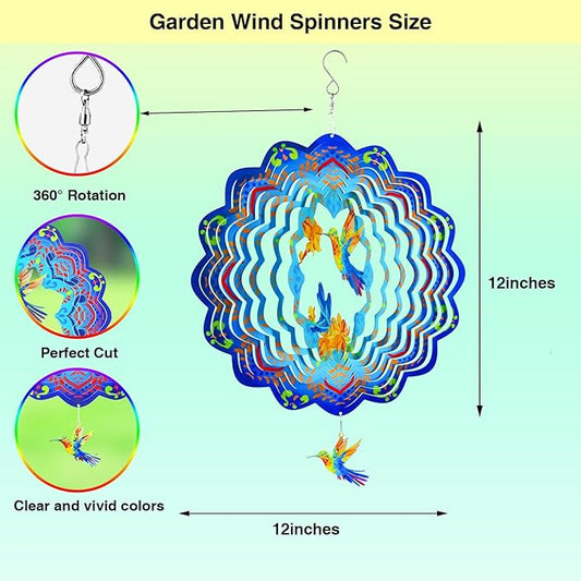 Wind Spinners,12 inch Hummingbird with 360° Swivel Hook for Yard and Garden, Bird Wind Catcher, Metal Wind Spinners Outdoor for Lawn Hanging Crafts Decor Kinetic Yard Art Ornament Gifts