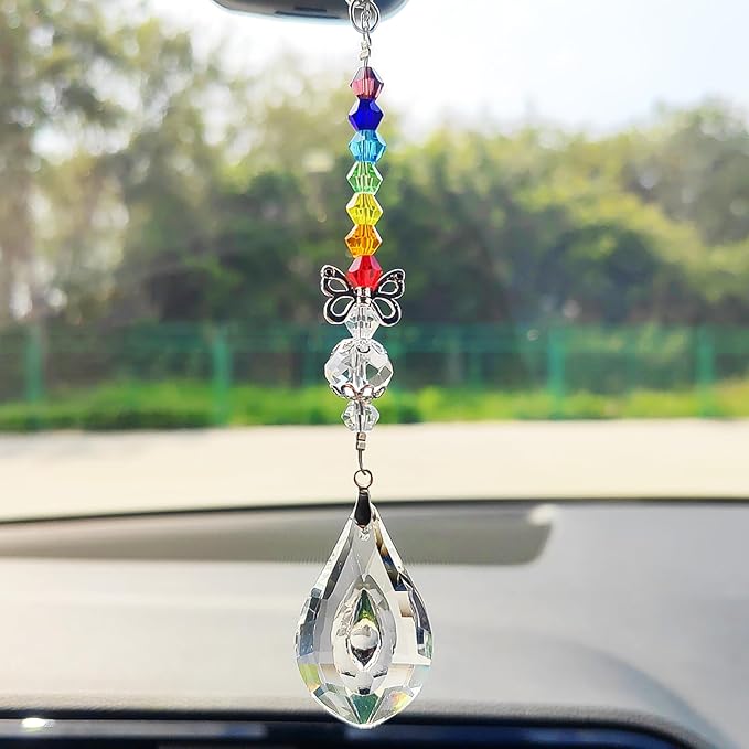 Crystal Sun Catcher Rear View Mirror Accessories, Colorful Crystals Suncatcher Car Mirror Hanging Accessories Car Decor, Hanging Ornament for Window Home Garden etc.