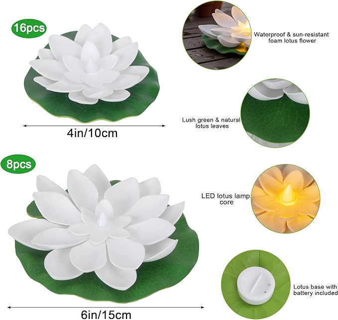 24PCS Lotus Floating Pond Lights, Warm LED LightsWaterproof Battery Powered, Floating Flowers for Pool Weddings Gardens Pond Parties Outdoor Decorations (White, 6", 4")