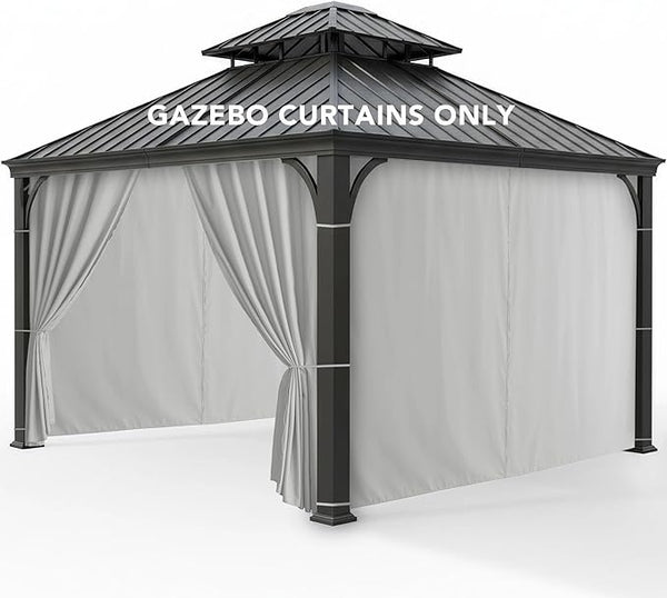 Outdoor Curtains Patio Waterproof - 10'Wx10'Lx7.9'H Gazebo Universal Replacement Privacy Curtains, 4 Panels Outside Sidewall Drapes with Zipper for Pergola Garden Backyard, Silver