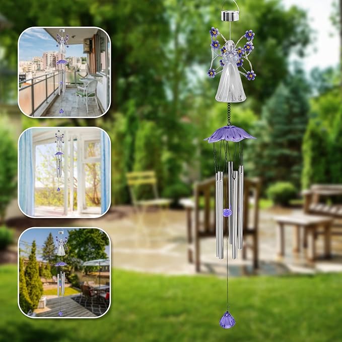 Solar Angel LED Wind Chimes for Outdoor Garden Decoration - Waterproof Hanging Lights for Window, Gazebo, Patio - Gifts for Women (Purple)