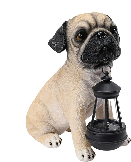 Afirst Solar Dog Garden Statue with Solar Lantern Outdoor Garden Pug Statues Figurines Lights Decorations for Patio Balcony Yard Ornament Outdoor Decor Gift
