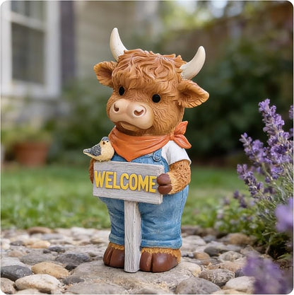 Solar-Powered Resin Highland Cow Welcome Statue with Light-Up Welcome Sign and Perched Bird, Garden Decor for Porch, Patio or Entryway