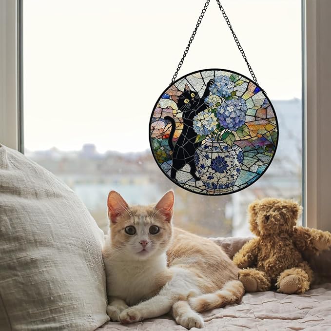 Chinoiserie Hydrangea Black Cat Stained Glass Window Hanging, Funny Cat Flower Suncatcher Indoor Window Glass Round Wall Art Decor, 7.9x7.9 Inch