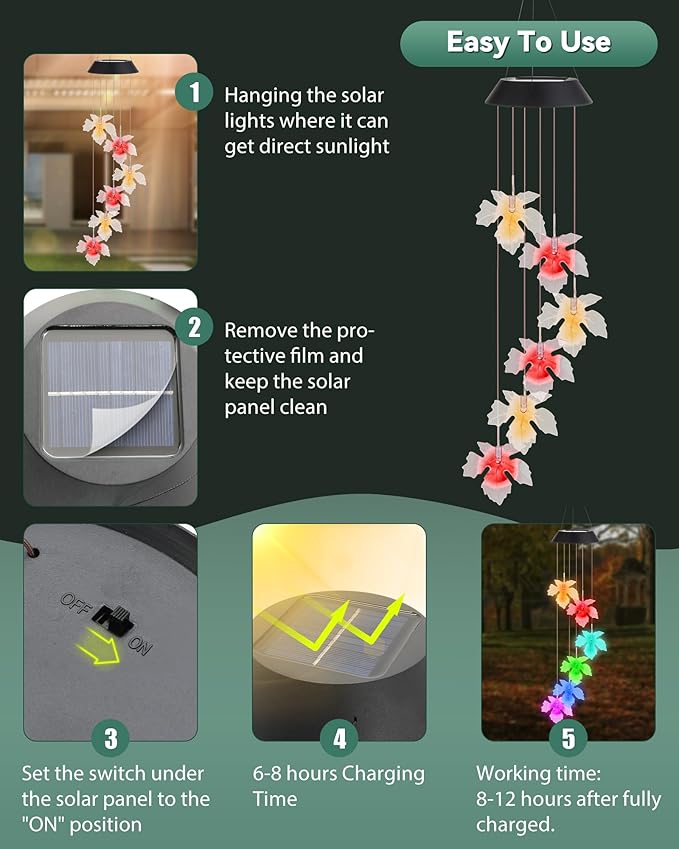 DOUBLEZHE Solar Wind Chimes for Outside, Color Changing Maple Leaf Wind Chimes, Birthday Gifts for Women Mom Grandma, Waterproof Outdoor LED Decoration Mobile Lights for Garden Patio Yard Party Decor