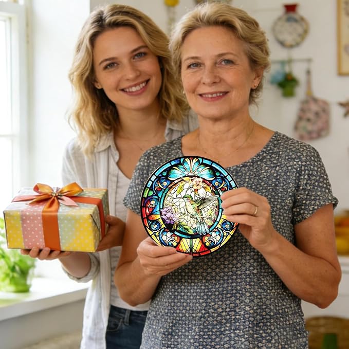 Hummingbird Stained Glass Suncatcher - Colorful Bird Sun Catcher Indoor Wall Decor Glass Panel Floral Window Hanging Ornament Gift for Mom, Grandma, Bird Lovers (8 inch)