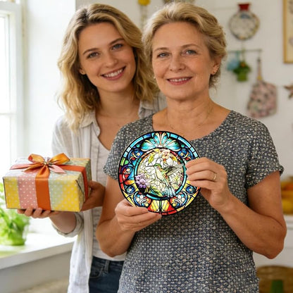 Hummingbird Stained Glass Suncatcher - Colorful Bird Sun Catcher Indoor Wall Decor Glass Panel Floral Window Hanging Ornament Gift for Mom, Grandma, Bird Lovers (8 inch)