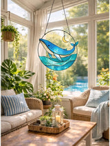 7" Whale Stained Glass Suncatcher, Handmade Coastal Window Hanging Decor, Colorful Sun Catcher for Kitchen, Sunroom, Beach House, Ideal Gift Idea for Ocean Lovers