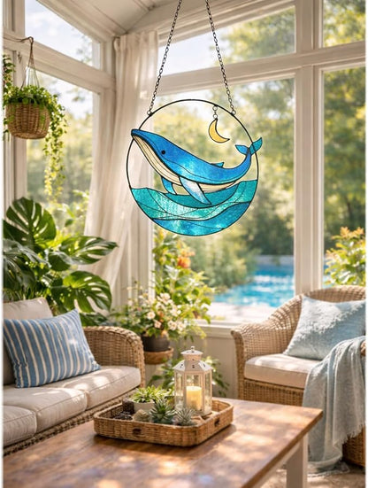 7" Whale Stained Glass Suncatcher, Handmade Coastal Window Hanging Decor, Colorful Sun Catcher for Kitchen, Sunroom, Beach House, Ideal Gift Idea for Ocean Lovers